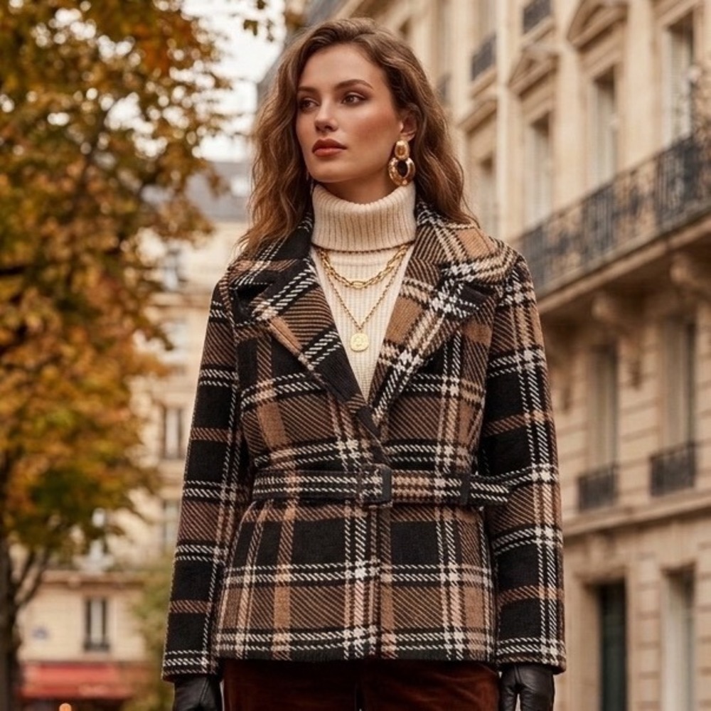 Ellen Reyes Plaid Belted Fleece Jacket Coat Short Trench Coat Style Tan Black XL